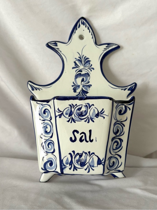 Vintage Other - Vintage white blue ceramic salt cellar holder wall hanging Portugal home decor